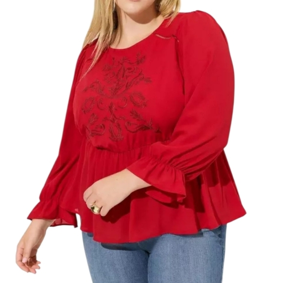 Torrid jester red embroidered georgette peplum long sleeve blouse 28 - Picture 4 of 12